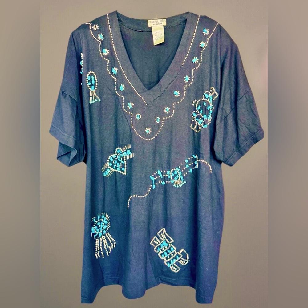Victoria Jones Short Sleeve V-Neck Cotton Black Shirt Turquoise Bead Accents 3X
